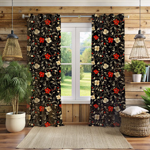 Red and Cream Flowers on a Black Background Blackout Curtains