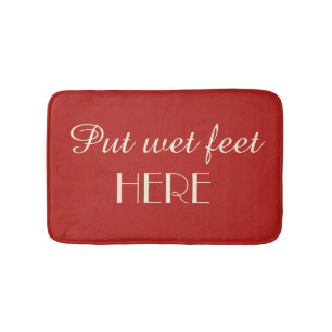 Red and Cream Funny Put Wet Feet Here Plush Bathroom Mat