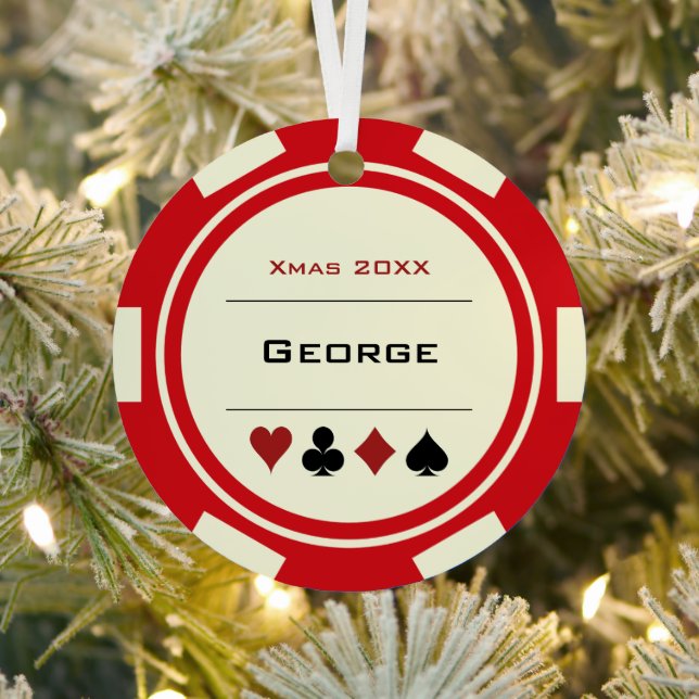 Red and Cream Las Vegas Poker Chip Christmas Metal Ornament (Insitu)