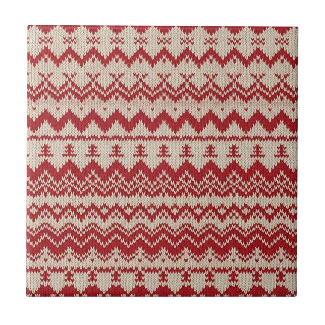 Red and Cream Nordic Knit Reindeer Ceramic Tile (Front)