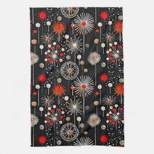 Red and Cream on Black Festive Retro Kitchen Towel