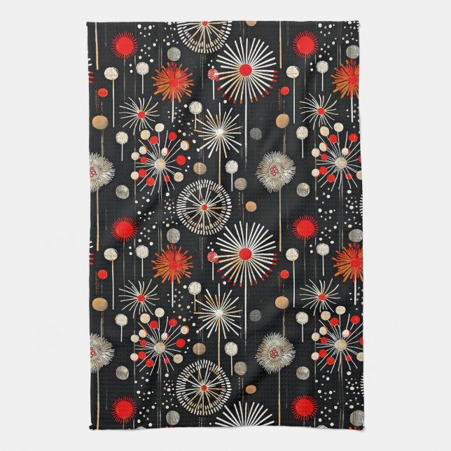 Red and Cream on Black Festive Retro Kitchen Towel (Vertical)