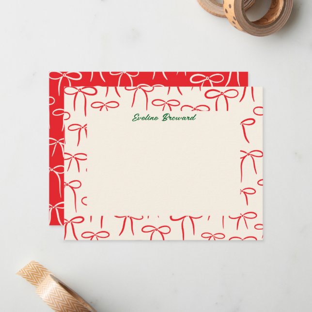 Red and Cream Simple Bows Personal Stationery Note Card (Front/Back In Situ)