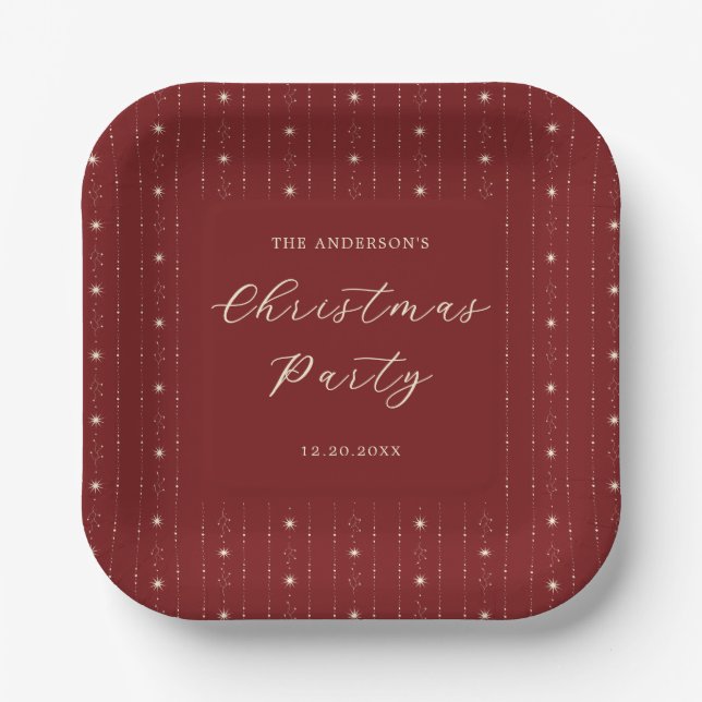 Red And Cream Stars Christmas Party Paper Plates (Front)