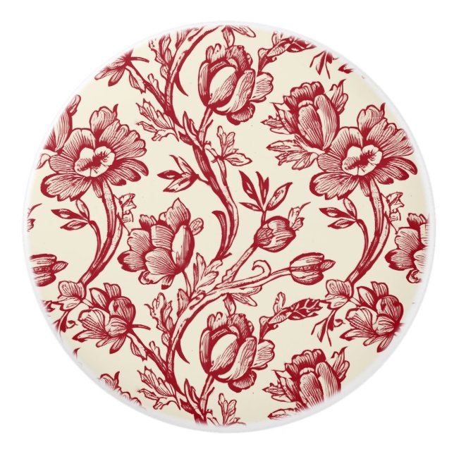 Red and Cream Tulips Toile - French Country Decor Ceramic Knob (Front)