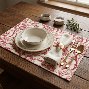 Red and Cream Tulips Toile - French Country Decor Cloth Placemat