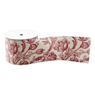 Red and Cream Tulips Toile - French Country Decor Grosgrain Ribbon