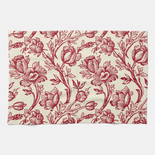 Red and Cream Tulips Toile - French Country Decor Kitchen Towel (Horizontal)