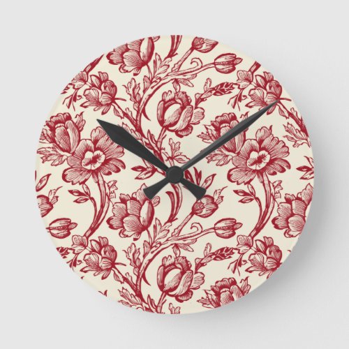 Red and Cream Tulips Toile _ French Country Decor Round Clock