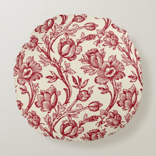 Red and Cream Tulips Toile _ French Country Decor Round Pillow