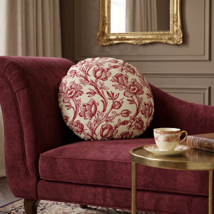 Red and Cream Tulips Toile - French Country Decor Round Pillow