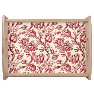 Red and Cream Tulips Toile - French Country Decor Serving Tray