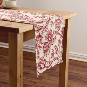 Red and Cream Tulips Toile - French Country Decor Short Table Runner