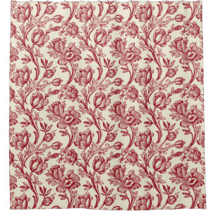 Red and Cream Tulips Toile - French Country Decor Shower Curtain