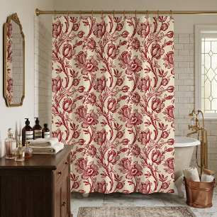 Red and Cream Tulips Toile - French Country Decor Shower Curtain