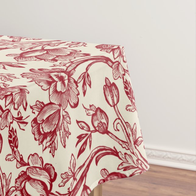 Red and Cream Tulips Toile - French Country Decor Tablecloth (In Situ)