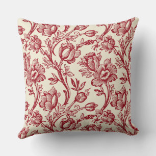 Red and Cream Tulips Toile - French Country Decor Throw Pillow