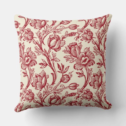 Red and Cream Tulips Toile _ French Country Decor Throw Pillow