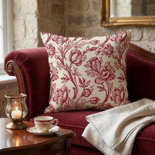 Red and Cream Tulips Toile - French Country Decor Throw Pillow