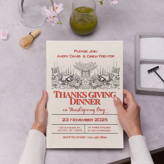 Red and Cream Vintage Thanksgiving Dinner Invitation (Red and Cream Vintage Thanksgiving Dinner Invitation)