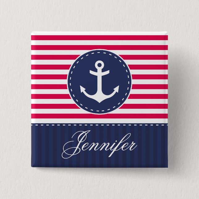 Red and Dark Blue Stripes Anchor With Name Button (Front)