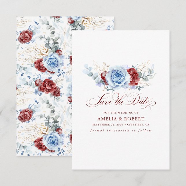 Red and Dusty Blue Floral Save the Date (Front/Back)