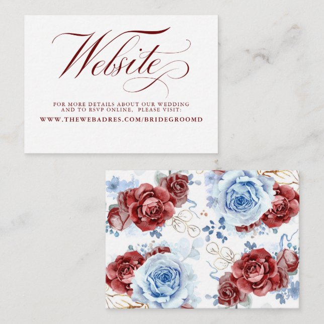 Red and Dusty Blue Floral Wedding Details Enclosure Card (Front/Back)