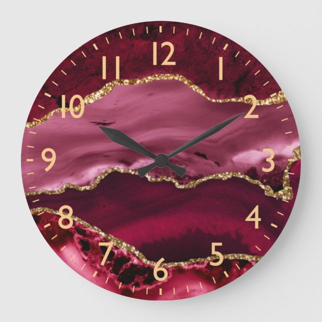 Red and Fake Gold Glitter Marble Agate Large Clock (Front)