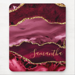 Red and Fake Gold Glitter Marble Agate Mouse Pad