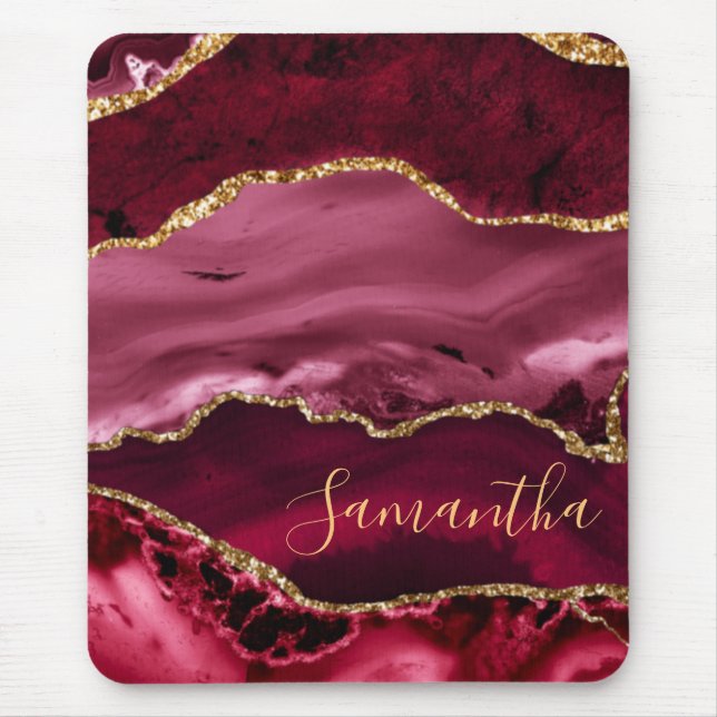 Red and Fake Gold Glitter Marble Agate Mouse Pad (Front)