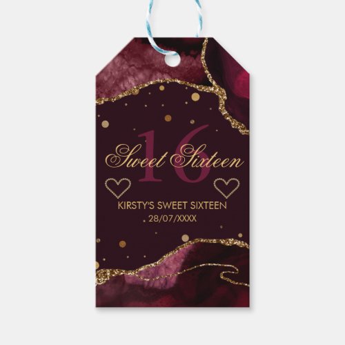 Red and Faux Gold Glitter Agate Sweet 16 Gift Tags