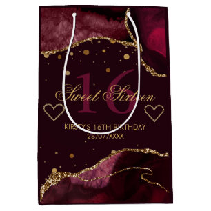 Red and Faux Gold Glitter Agate Sweet 16 Medium Gift Bag