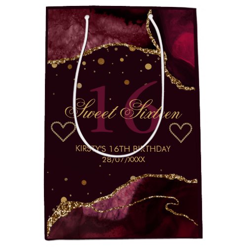 Red and Faux Gold Glitter Agate Sweet 16  Medium Gift Bag
