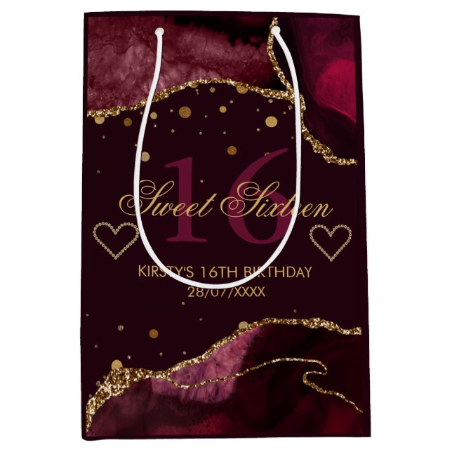 Red and Faux Gold Glitter Agate Sweet 16  Medium Gift Bag (Front)