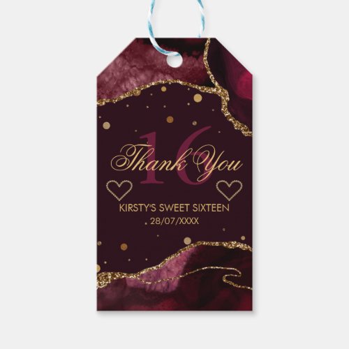 Red and Faux Gold Glitter Agate Sweet 16 Thank You Gift Tags
