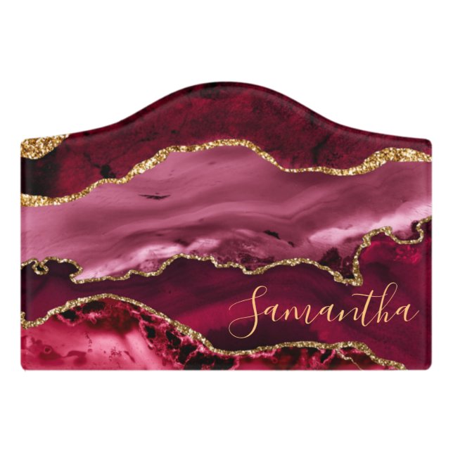 Red and Faux Gold Glitter Marble Agate Door Sign (Small Crest Front)