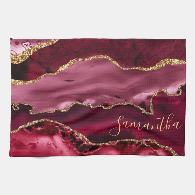 Red and Faux Gold Glitter Marble Agate Kitchen Towel (Horizontal)