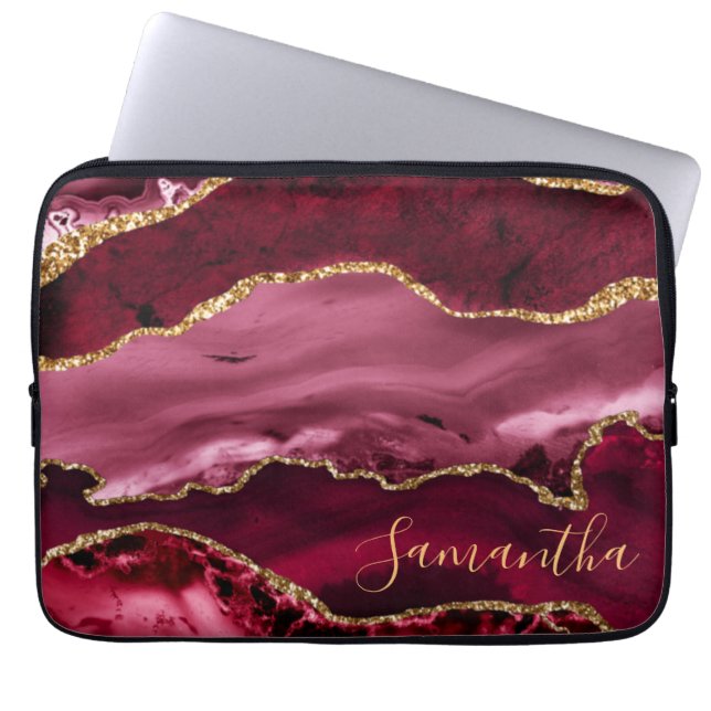 Red and Faux Gold Glitter Marble Agate Laptop Sleeve (Front)