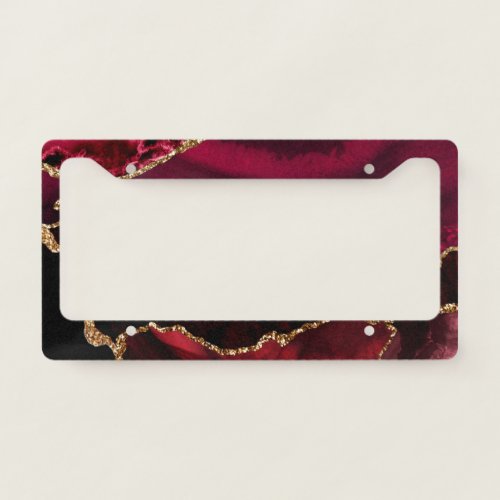 Red and Faux Gold Glitter Marble Agate License Plate Frame