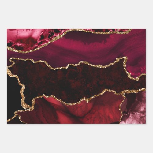 Red and Faux Gold Glitter Marble Agate Wrapping Paper Sheets