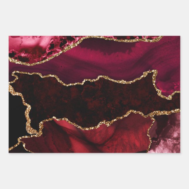 Red and Faux Gold Glitter Marble Agate Wrapping Paper Sheets (Front)