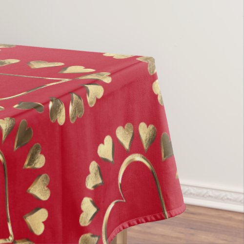 Red and Faux Gold Hearts Romantic Valentine Tablecloth