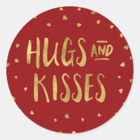 Red and Faux Gold Hugs & Kisses Hearts Valentine Classic Round Sticker