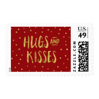 Red and Faux Gold Hugs & Kisses Hearts Valentine Postage