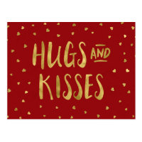Red and Faux Gold Hugs & Kisses Hearts Valentine Postcard