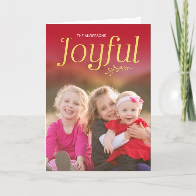 Red and Faux Gold Joyful Holiday Photo (Front)