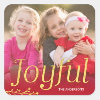 Red and Faux Gold Joyful Holiday Photo Square Sticker