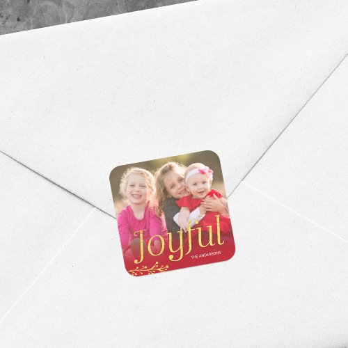 Red and Faux Gold Joyful Holiday Photo Square Sticker