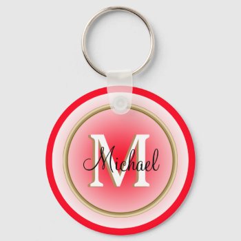 Red And Faux Gold Name And Initial Keychain by RewStudio at Zazzle