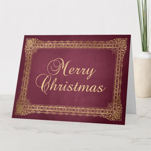 Red and Faux Gold Ornate Border Merry Christmas Card (Front)
